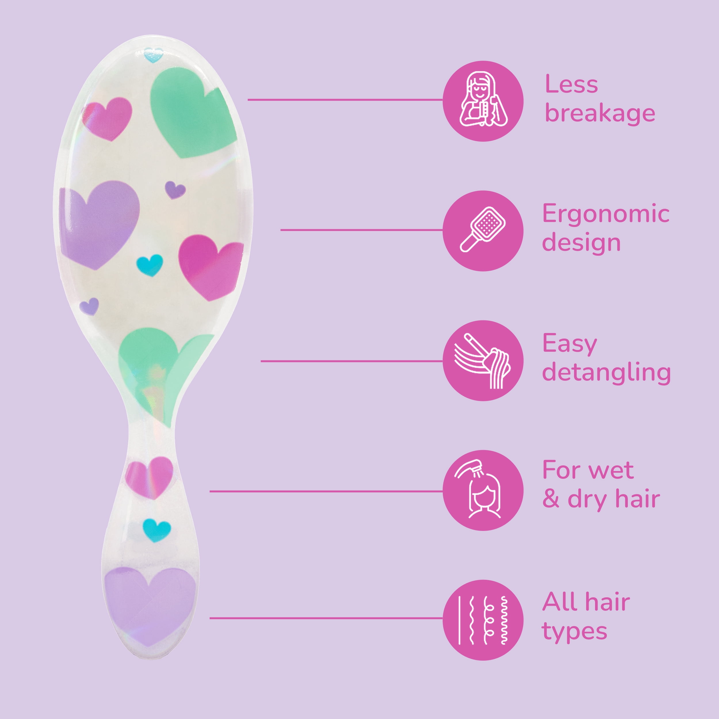 Wet Brush Original Detangler Hair Brush, Midi Size, Glitter Hearts Design, for Wet or Dry Hair