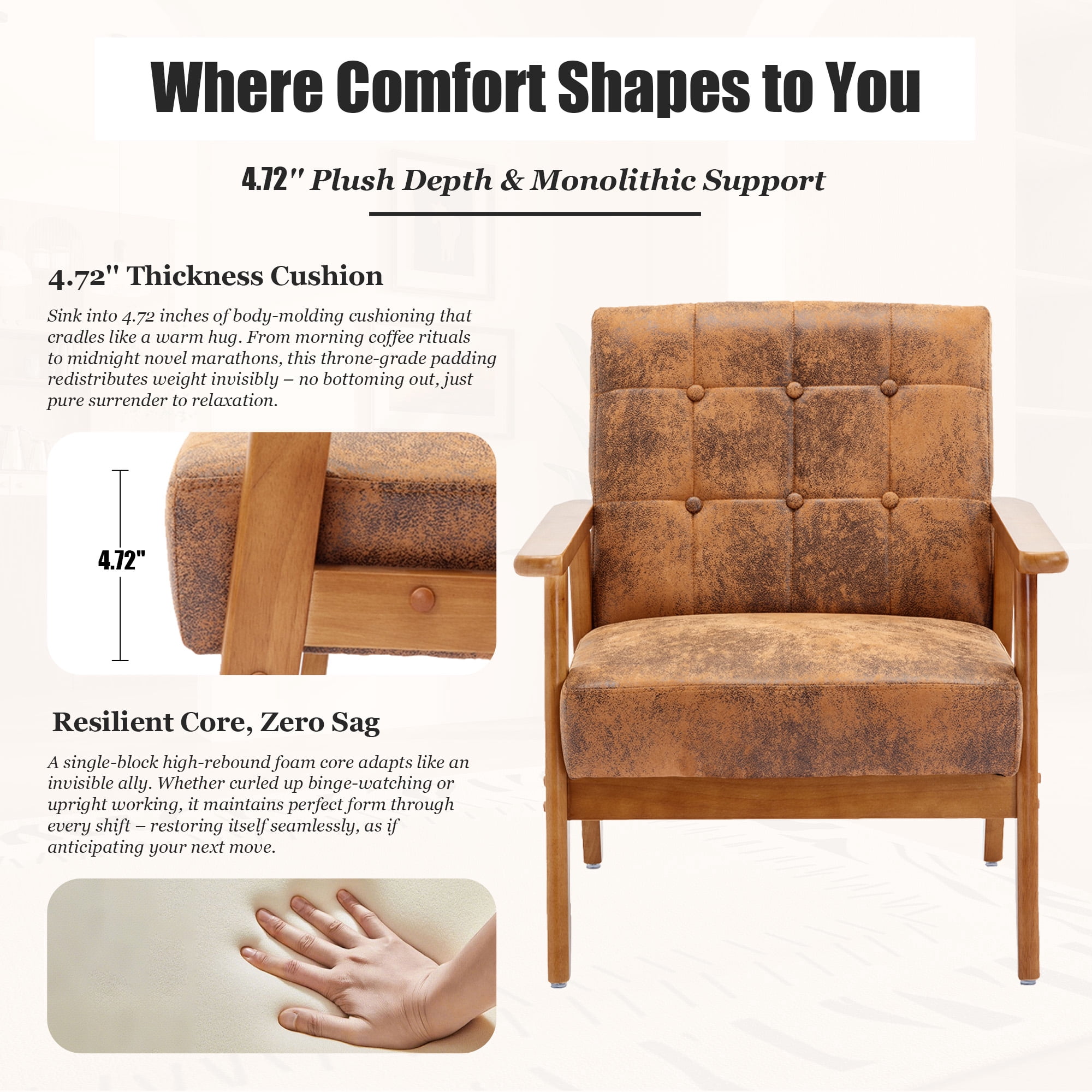 MOONMISS Mid Century Modern Arm Chair with Rubber Wood Frame, Accent Chair with Velvet Upholstery for Living Room Bedroom Reading Room, Easy Assembly,Coffee