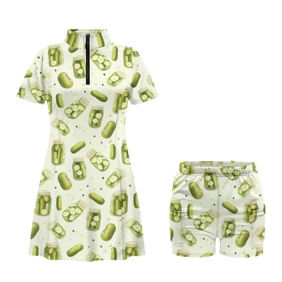 Psesaysky Green Pickles Tennis Dresses for Women Zip Front Athletic Dress with Collared Golf Outfits Tennis Pickleball Skirt with Shorts and Pockets for Workout Pickleball