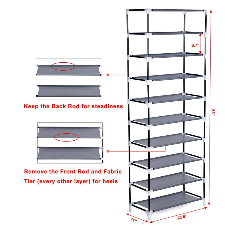 10-Tier Shoe Tower Rack with Cover 27-Pair Shoe Storage - Grey