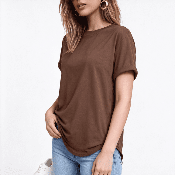 NTACZA Tops for Women Trendy Summer Brown Short Sleeve Solid Crew Neck T-Shirts Girls Shirts L