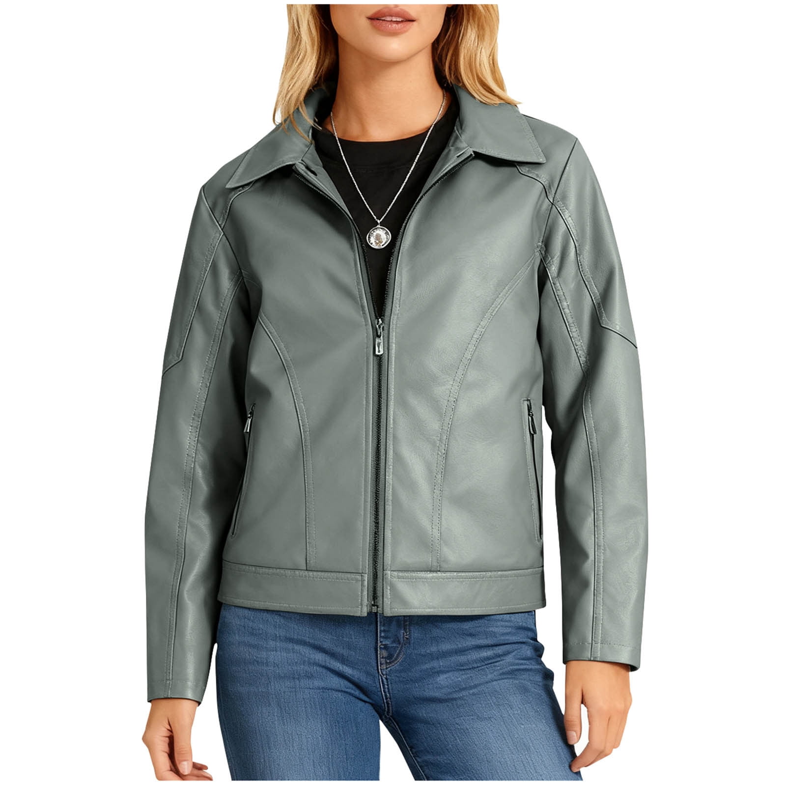 Uootdi Cropped Leather Jacket for Women Vintage Style Motorcycle Bomber Jacket Faux Leather Lapel Neck Zip Up Long Sleeve Coats Fall Going Out Jackets