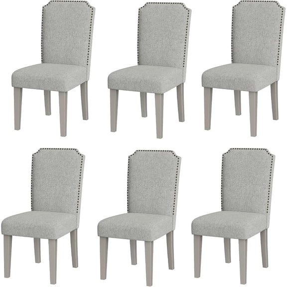 Upholstered Dining Chair Set, Solid Wood Chairs with Solid Wood Legs, Padded High Back Dining Chair with Nailhead Trim, Fabric Side Chair for Dining Room Kitchen Restaurant (Grey, 6PCS)