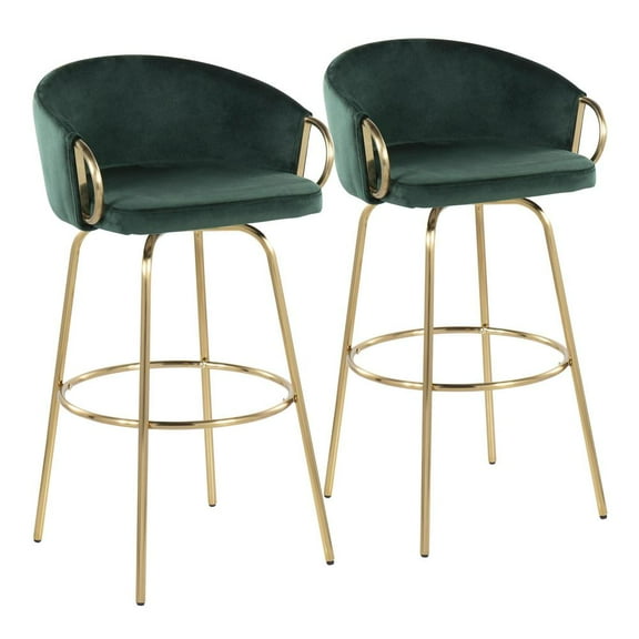 LumiSource Gold Metal, Green Velvet Claire 30" Fixed-Height Bar Stool - Set of 2