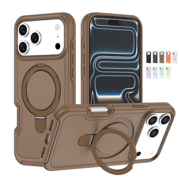Allytechgroup for iPhone 17 Case with Rotating Ring Holder Metal Kickstand, Lightweight Shockproof Soft TPU Back Case Magnetic Military Grade Drop Protective Invisible Stand Shell, Coffee