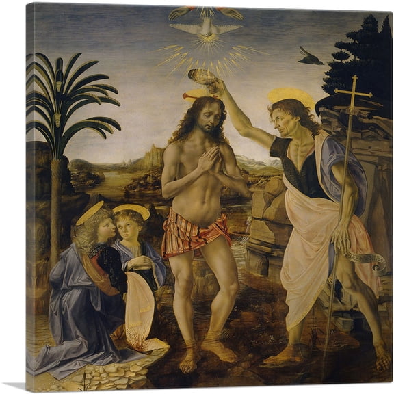 ARTCANVAS The Baptism of Christ, Andrea del Verrocchio 1475 Canvas Art Print by Leonardo da Vinci - Size: 18" x 18" (0.75" Deep)