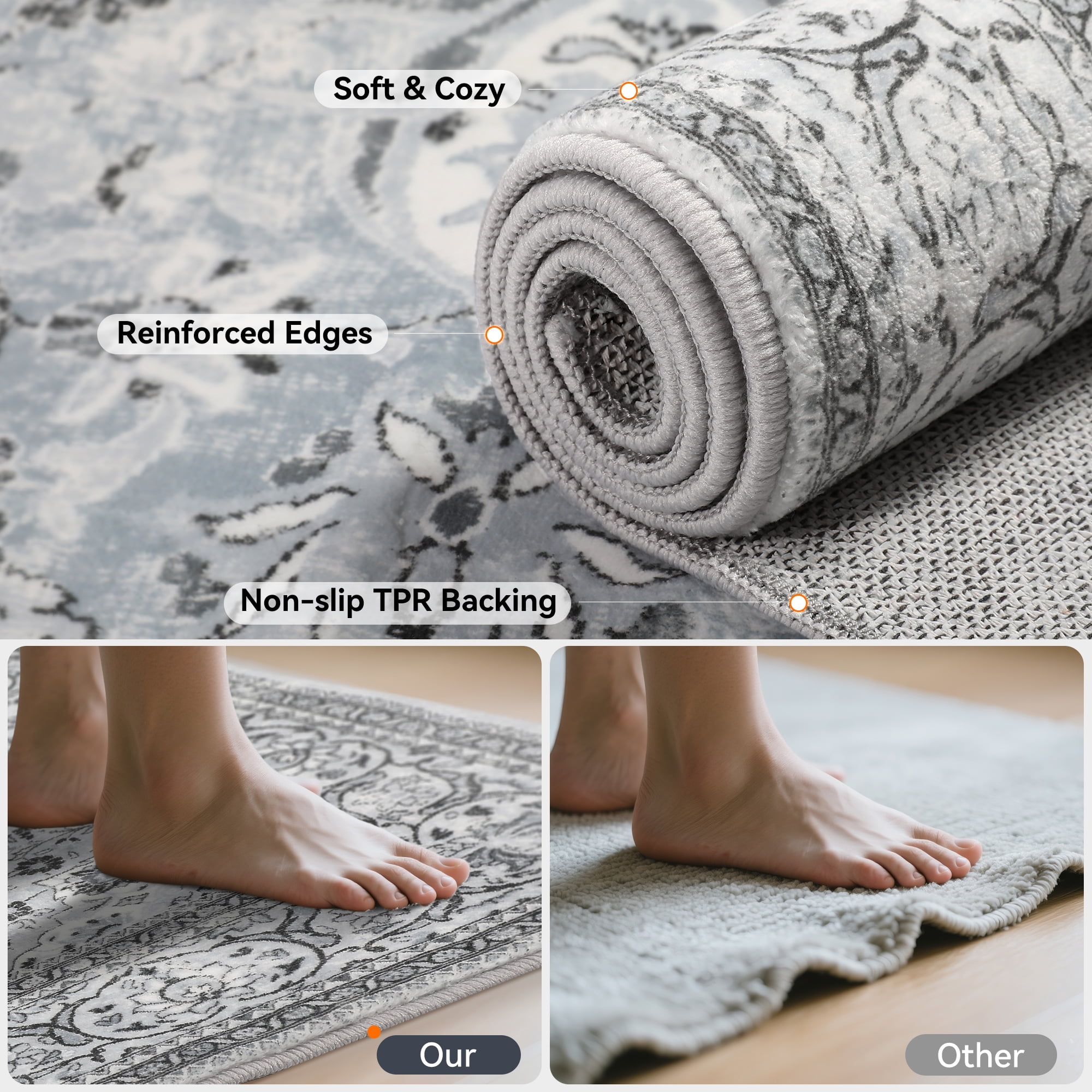 Lalado 8ft x 10ft Area Rugs for Living Room Washable Rugs Boho Floral Carpet Soft Low Pile Non-Slip Rug for Bedroom Dining Room Indoor Vintage Home Decor, Gray