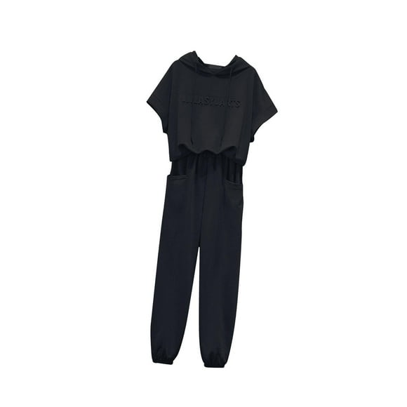 Conjunto de chándal para mujer, sudadera de manga corta de 2 piezas, pantalón con cintura elástica, sudadera con capucha y pantalones sueltos, traje , negro, l Yinane Chándal de mujer