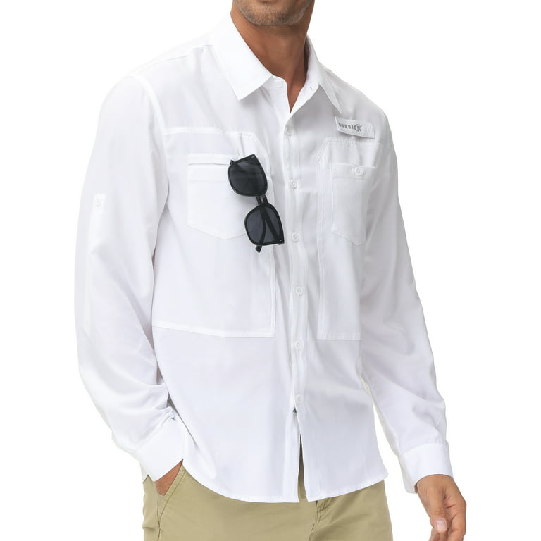 Pdbokew Men's Sun Protection Fishing Shirts Long Sleeve Travel Work Shirts for Men UPF50+ Button Down Shirts with Zipper Pockets White M, Size: Medium