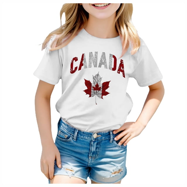 GDREDA Canada T-Shirts Imprimé Drapeau Filles T-Shirt à Manches Courtes Été Col Rond T-Shirt Coupe Décontractée T-Shirts Basiques