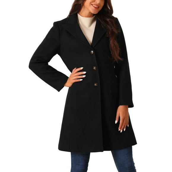 Women's Single Breasted Peacoat Fashion Winter Notched Lapel Button Down Outerwear Overcoat M Black