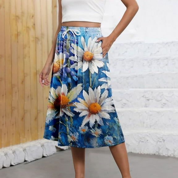 HCURIBAD Women's Boho Summer Floral Print Lightweight Drawstring High Waist Midi Skirt with Pockets Floral Skirt, Skirts for Women Flowy Skirt Womens Skirts Blue L