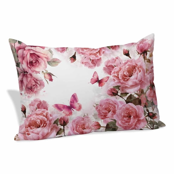 Pink Roses Pillow Covers, Linen Long Throw Pillow Case, Spring Floral Elegant Pastoral Butterfly Holiday Pillow Protector Decorative Cushion Cover for Living Room/Bedroom 16" x 24"