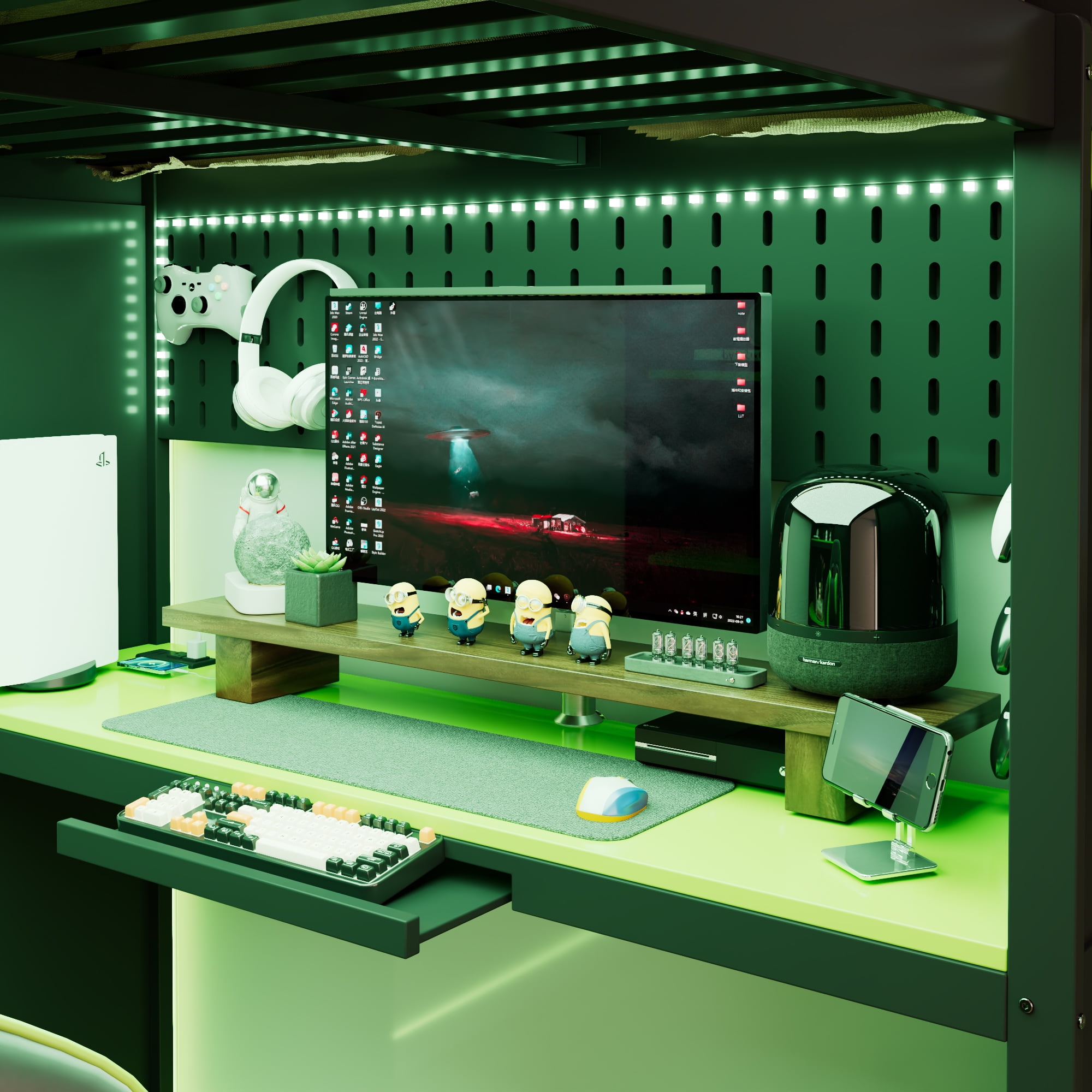 Mintazer Full Size Loft Bed with Wardrobe, Storage Shelves, Desk, Blackout Curtains, Charging Station & Lights Game Bed Frame for Teens, Black & Green