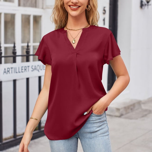 Fiudx Ofertas Flash Del Día Solo En Línea Blusas Informales Sólidas de Manga Corta con Volantes y Cuello En V de Verano para Mujer a La Moda