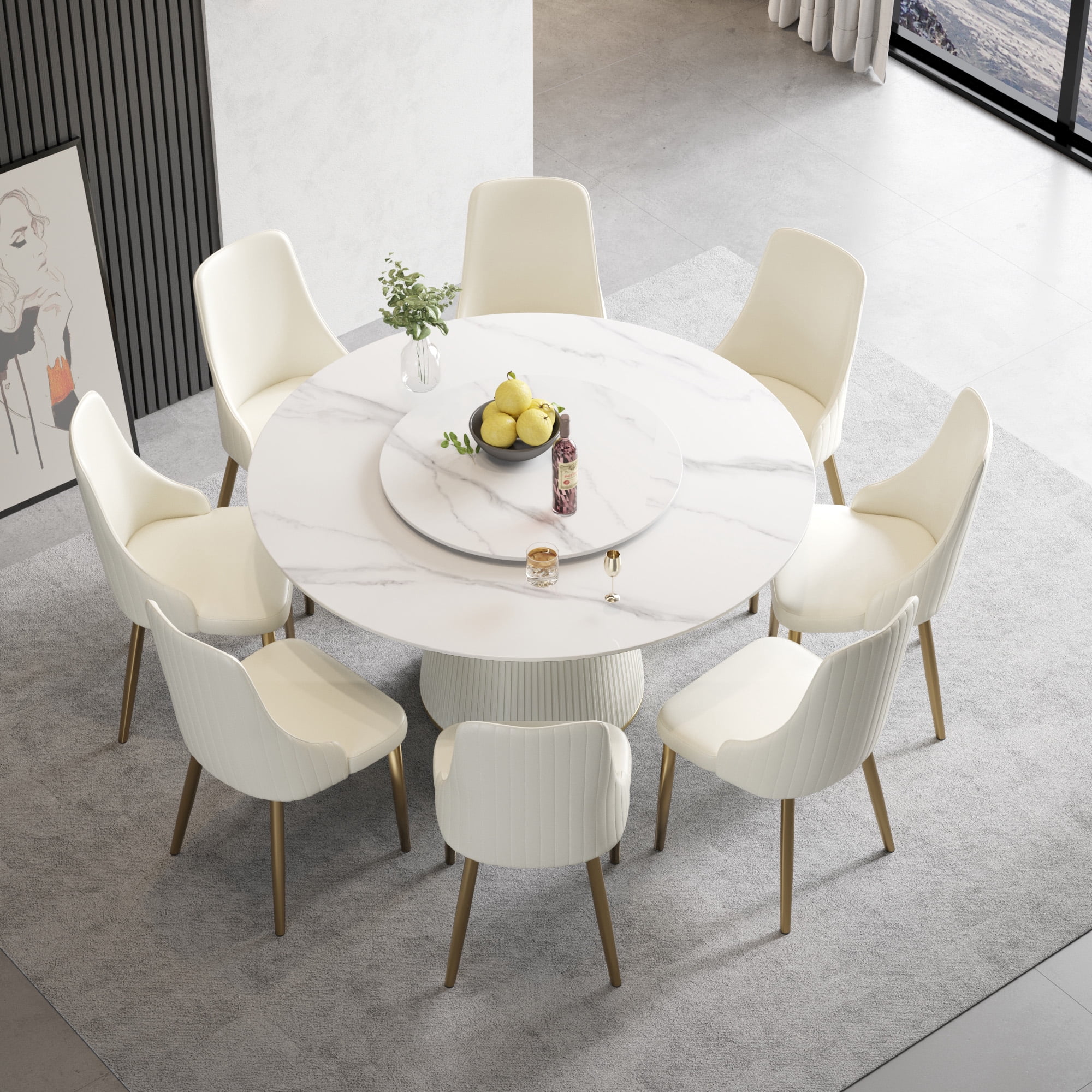LovingAHome 59" White Marble Sintered Stone Round Dining Table with White Slate Turntable,Only Table