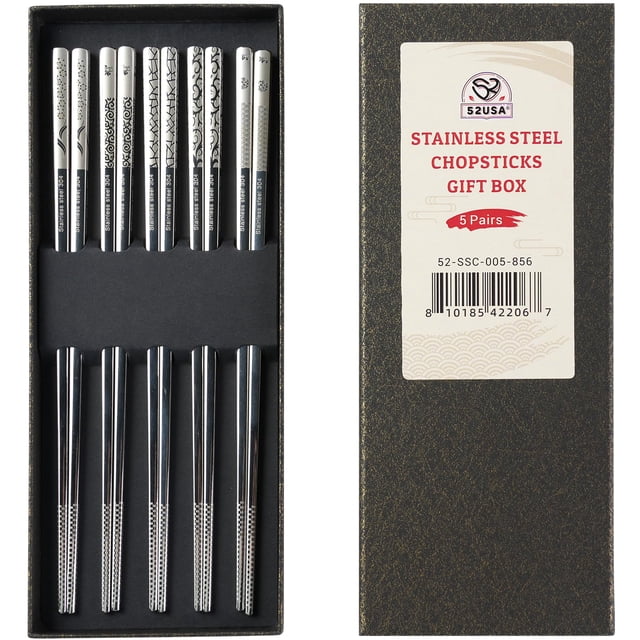 Palillos 52USA de acero inoxidable, 5 pares, 23 cm, antideslizantes