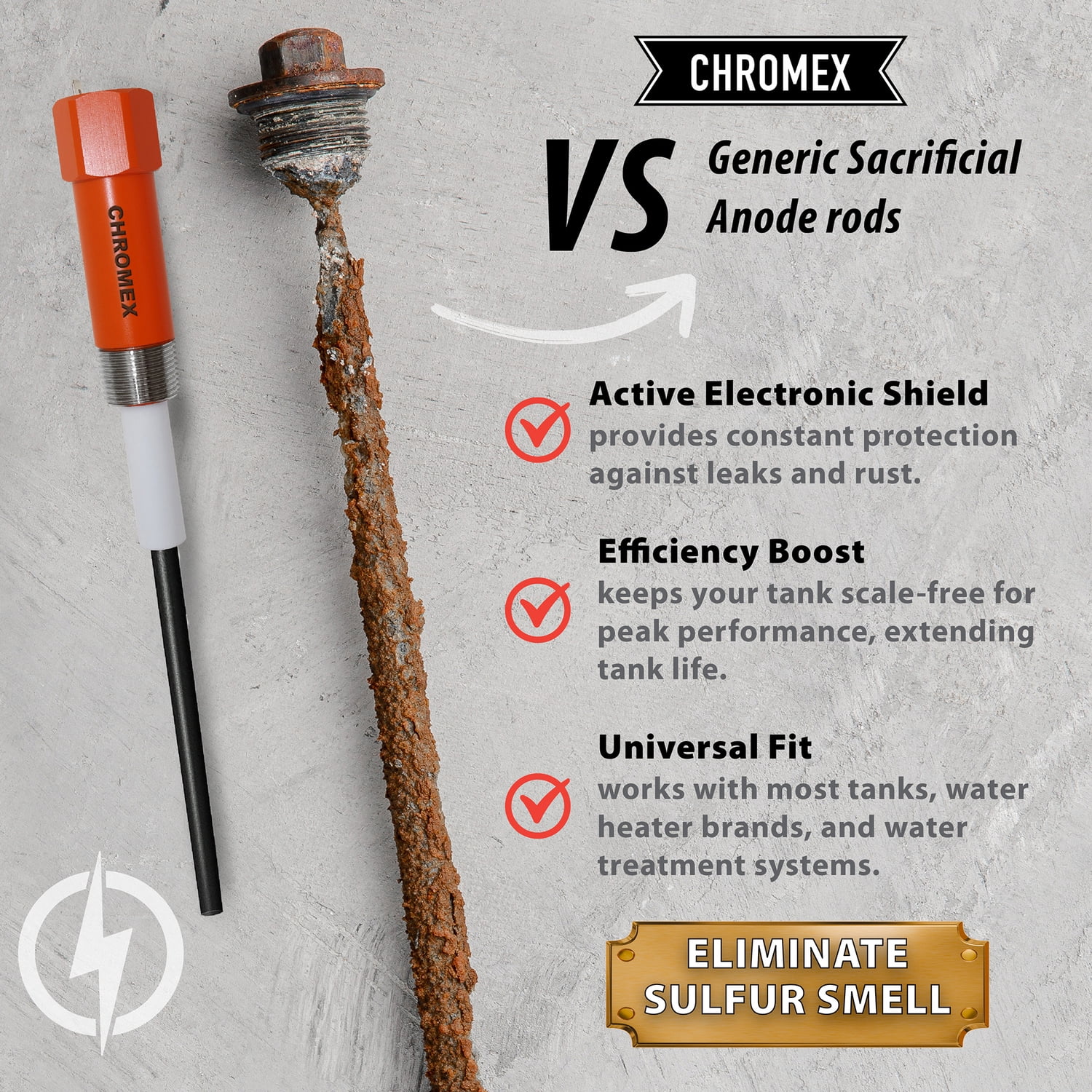 Chromex Powered Titanium Anode Rod for Most 40- to 89-Gallon Water Heaters, Removes Sulfur/Egg Smell, Corrosion, and Scale