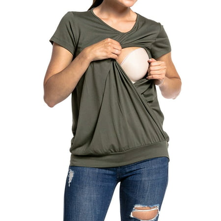 

Manfiter Maternity Clothes Women s Nursing Tops for Breastfeeding Tee Shirts Soft Double Layer Short Sleeve Pregnancy Pajamas Army Green