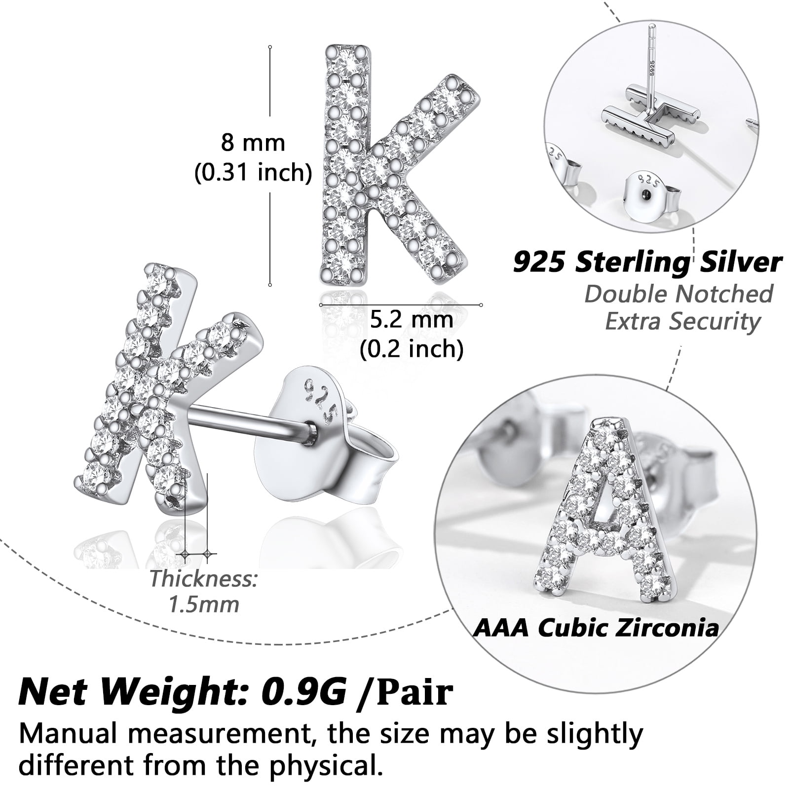 Silvora Sterling Silver Initial Stud Earrings for Women CZ Simulated Diamond Fashion Alphabet Letter Earring Birthday Christmas Valentines Jewelry Gift, K