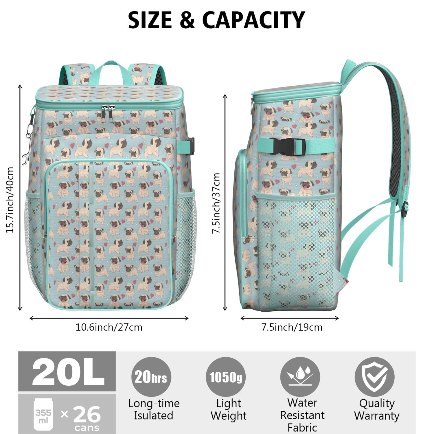 Travel Cooler Bag - Pug and Love Heart Camping Beer Cooler Backpack with Bottle Opener- Waterproof Insulated Picnic Backpacks - Cooler Bag for Beach