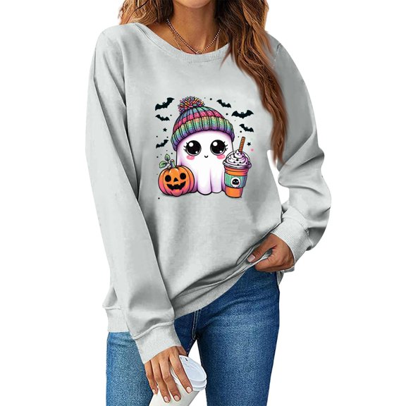 DORKASM Women's Halloween Costumes Long Sleeve Fashion Plus Size Funny Print Costumes Crew Neck Funny Cute Causal 2026 Pumpkin Sweatshirt Fall Ghost Graphic Hoodies Light Gray XL