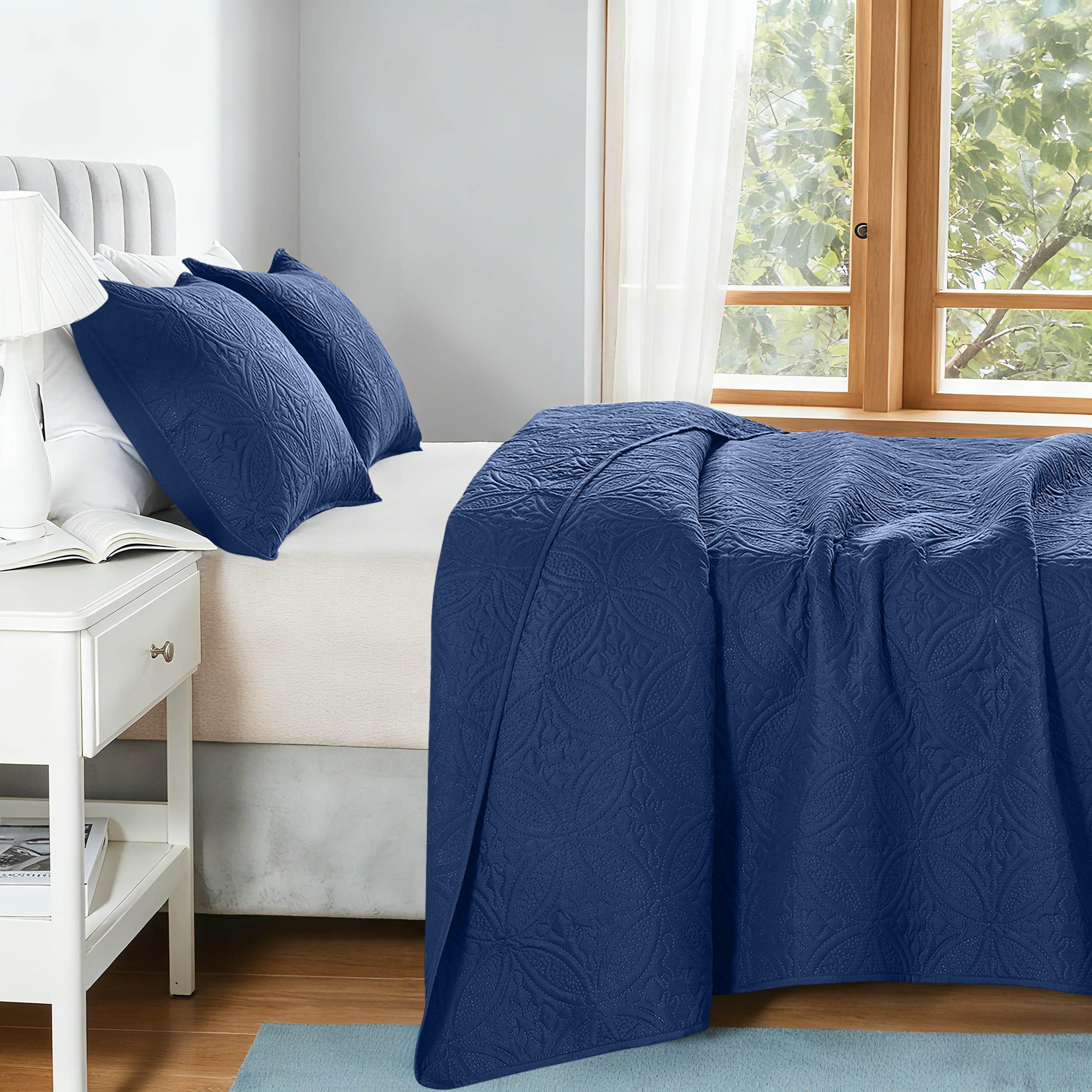 VCCOEM Quilt Set Full/Queen Size Lightweight Bedspreads, All Season Coverlet, 3 Piece (1 Quilt, 2 Pillow Shams), Coin Pattern, Navy Blue