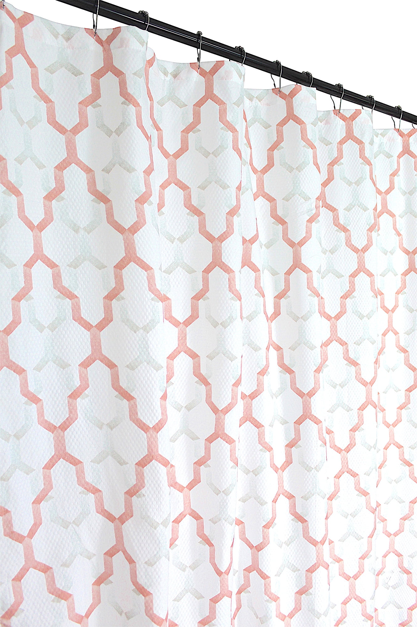 coral and white shower curtain