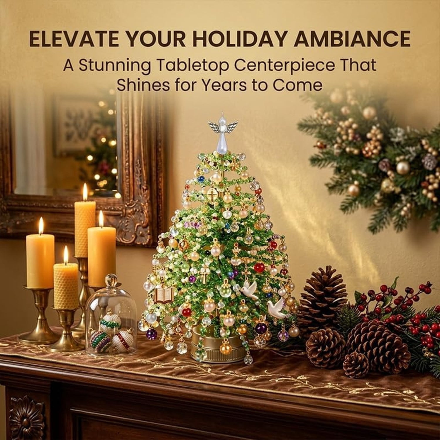DIY Beaded Christmas Tree Kit with LED Light, Handmade Tabletop Holiday Craft for Adults, 4.4 x 4.3 x 4.5 in Desktop Decoration