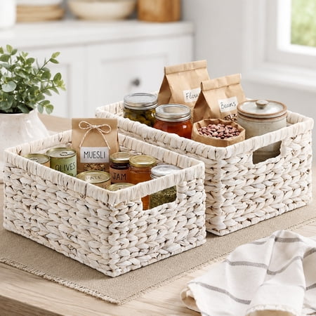 Large White Wicker Storage Baskets 2-Pack Water Hyacinth Woven Organizers for Shelves Pantry and Home Storage
