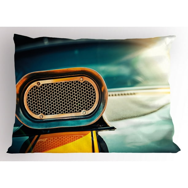 Automobile Pillow Sham View of Powerful Muscle Car Nostalgic Hood