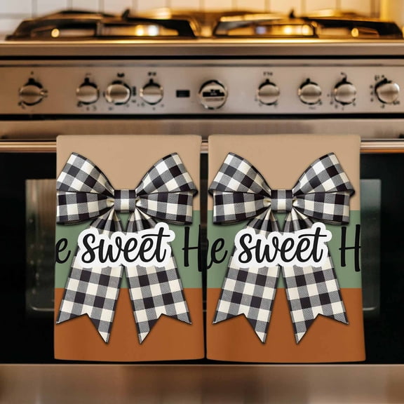 Sweet Home Kitchen Towels Set of 2, Black White Plaid Bow Horizontal Stripes Absorbent Dish Towels for Kitchen, Microfiber Hand Towel, Quick Drying Tea Towel for Cleaning Decorative Dishcloths