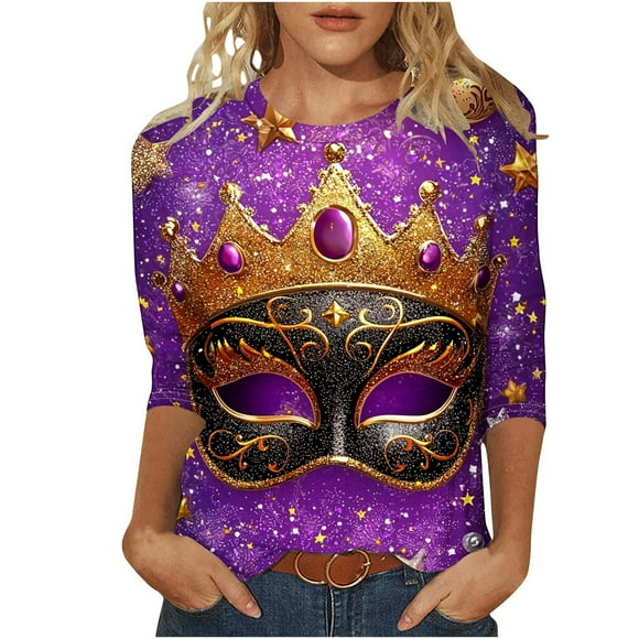 Fartey T-Shirts Col Rond Mardi Gras pour Femmes Ajusté Manches 3/4 Tuniques Imprimé Masque Drôle T-Shirt Thème Carnaval Blouses Mode Festival Violet P
