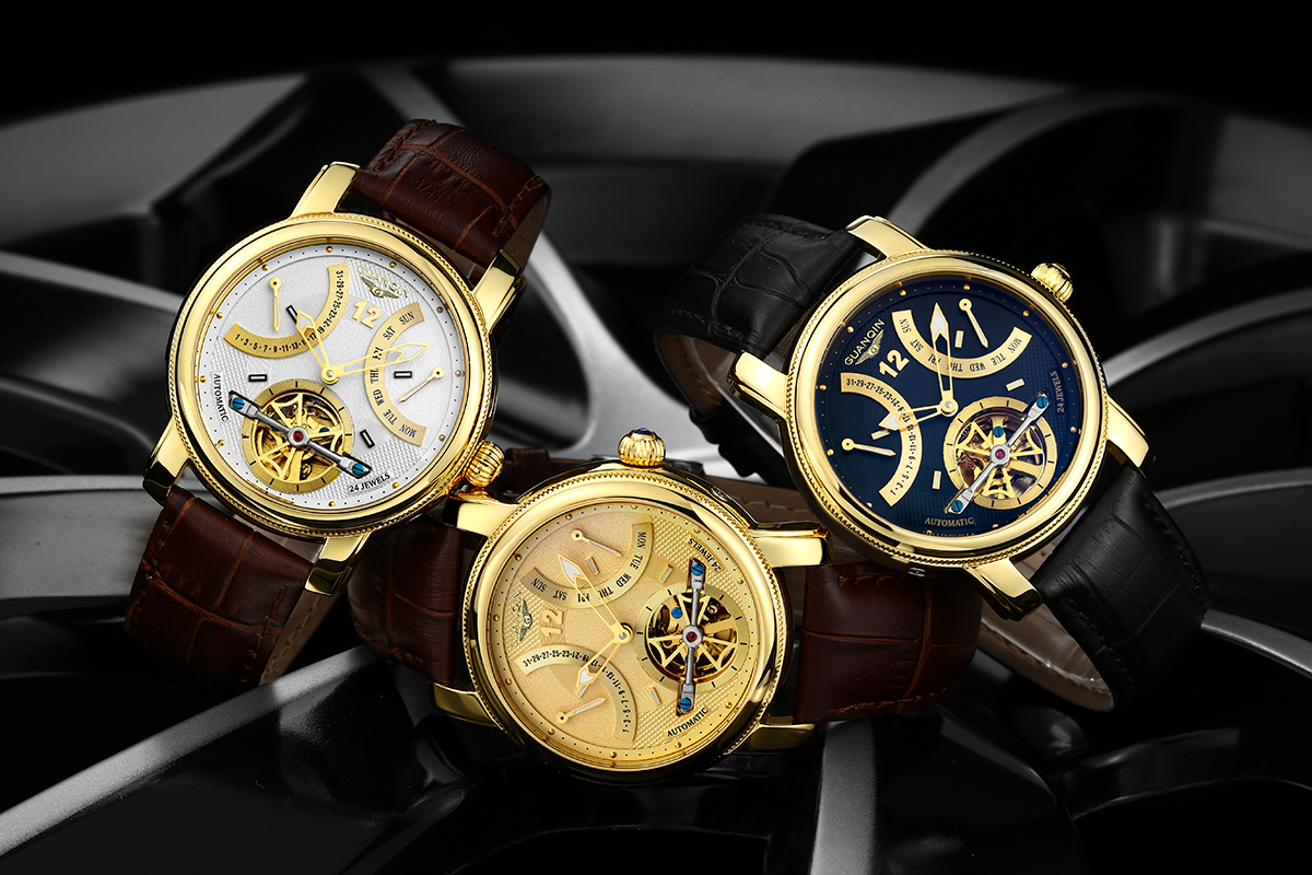 GUANQIN Analog Automatic Self-Winding Mechanical Sport Casual Vintage Men Stainless Steel and Leather Sapphire Wrist Watch Skeleton Calendar Week Luminous Waterproof Great Gift Choice