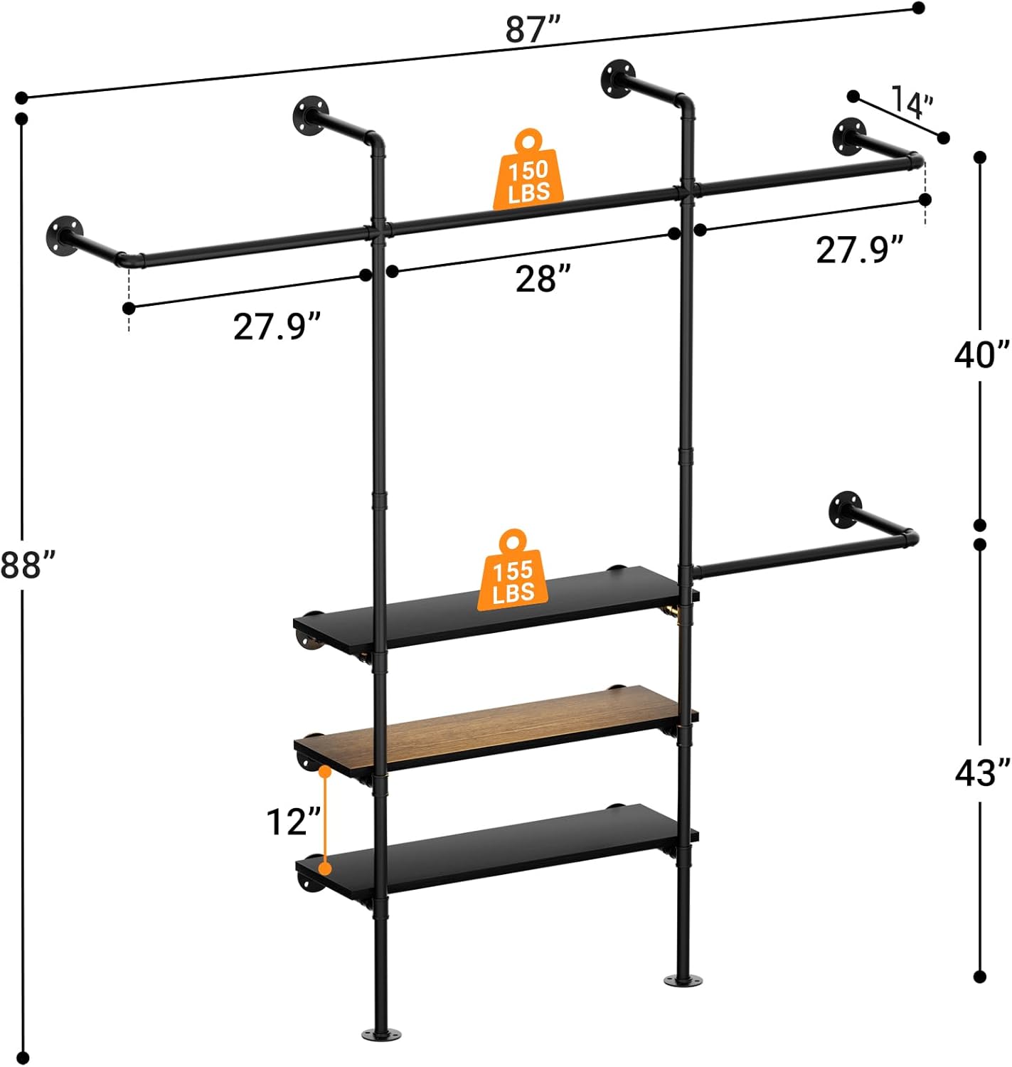 Homieasy Industrial Pipe Clothing Rack, Reversible 7.25FT Wall Mounted Clothes Rack, Heavy Duty Garment Racks Closet Wardrobe with LED Lights& Shelves, Walk-in Closet System, Black