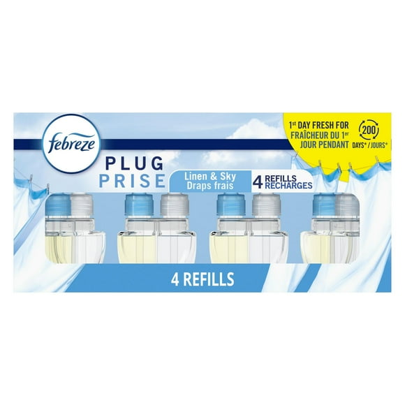 Febreze Plug In Air Freshener, Odor-Fighting Scented Oil Refill, Linen & Sky Scent, 4 Refills
