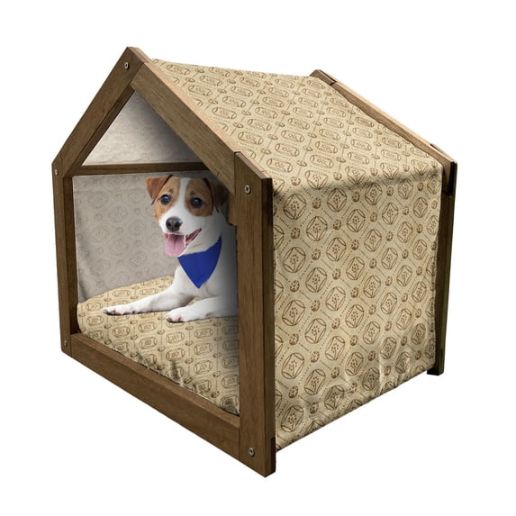 Geometric Pet House, Retro Diamond Shape Pattern with Dotted Lines Circles and Abstract Flowers, Outdoor & Indoor Portable Dog Kennel with Pillow and Cover, 5 Sizes, Caramel and Beige, by Ambesonne