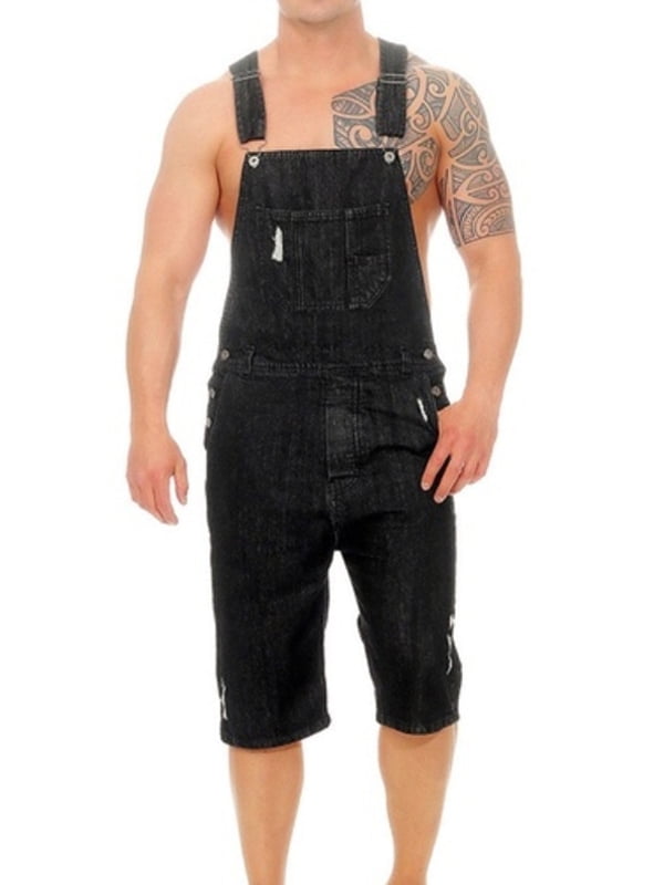 JDinms Mens Bib Overall Shorts Knee Length Lightweight Denim Jumpsuit