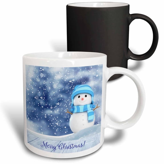 3drose, Funny Snowman, Snowfall, Blue Text Merry Christmas, 11oz Magic Transforming Mug