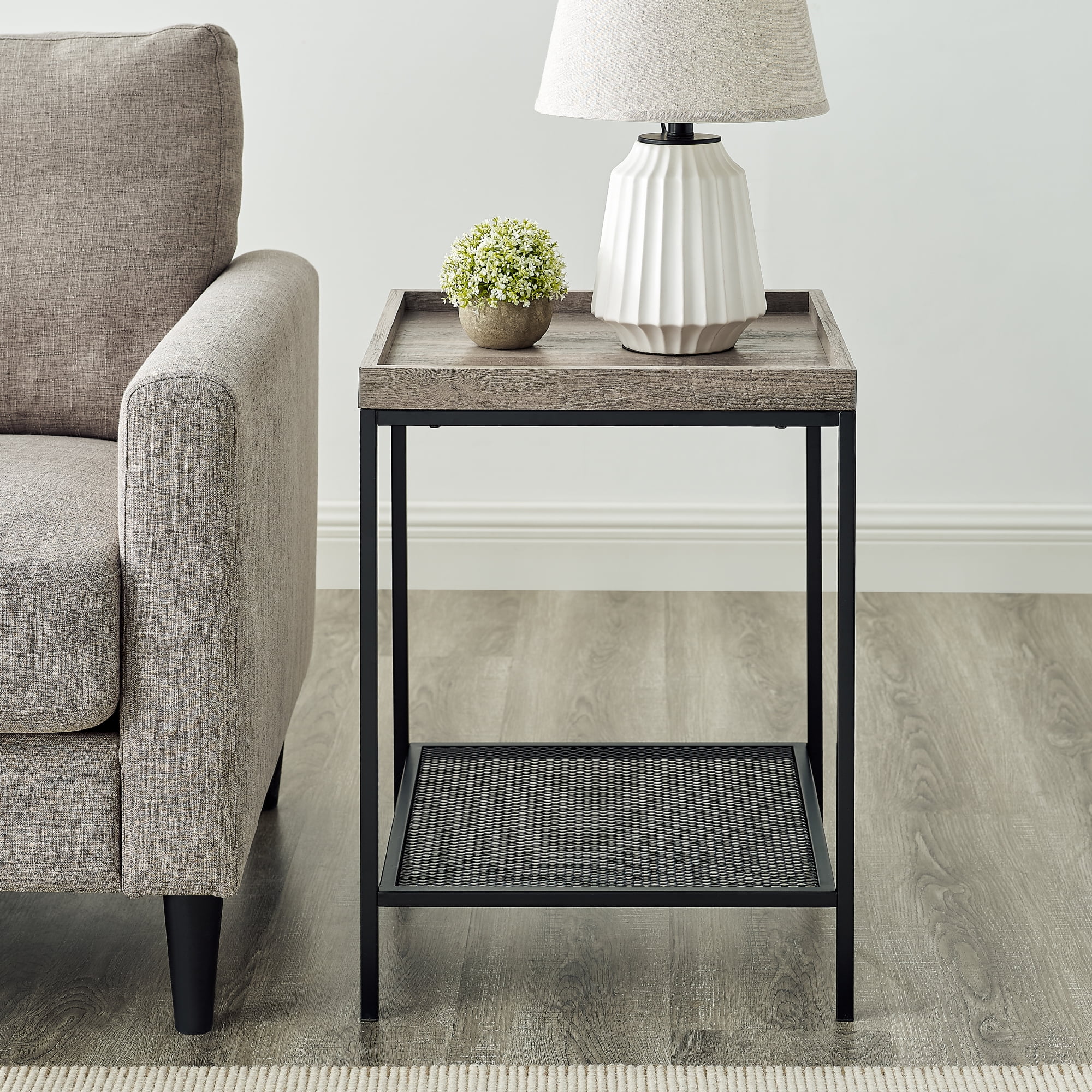 River Street Designs Frankie Metal and Wood Tray Top Grey Wash End Table