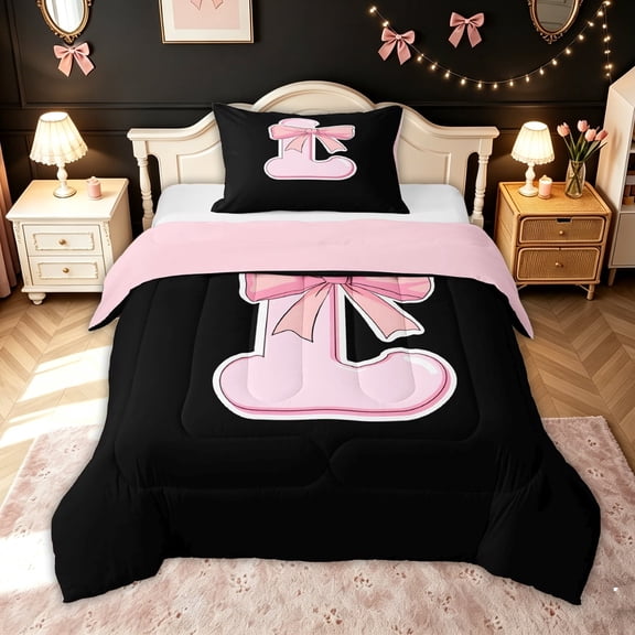 meiyoeat Black Pink Letter L Twin Comforter Sets for Kids Girls, Kawaii Princess Bow Monogram Bedding Set, Pink Reversible, 2pcs