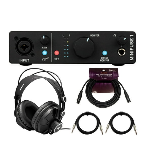 Arturia MiniFuse 1 USB-C Audio Interface (Black) Bundle w/ Headphones and Cables