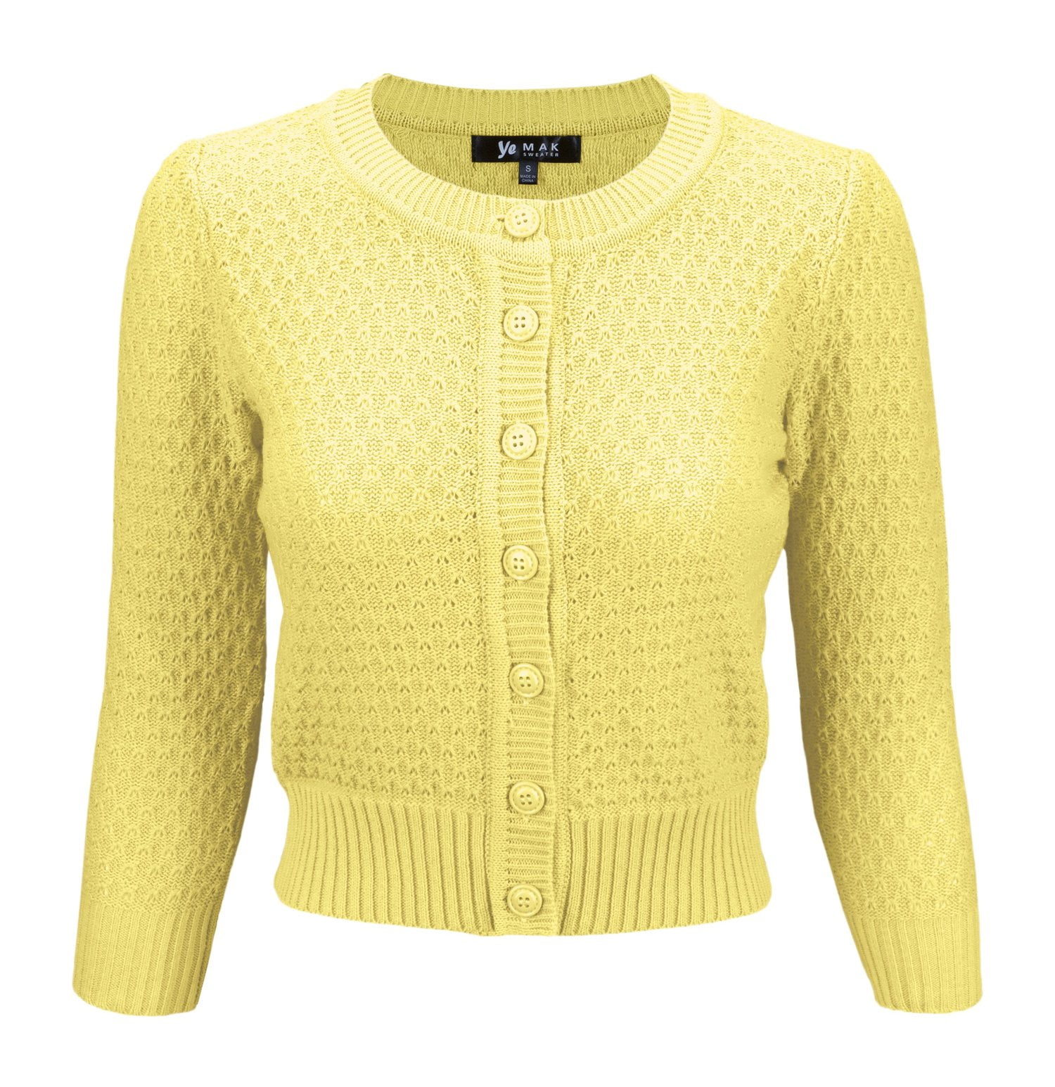 YEMAK Women's Crewneck Button Down 3/4 Sleeve Cropped Knit Cardigan Sweater MK3514
