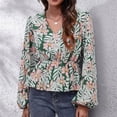 thumbnail image 2 of Blusa cruzada de manga larga con escote en V y dobladillo con volantes y estampado de hojas verdes grandes para mujer, 2 of 6