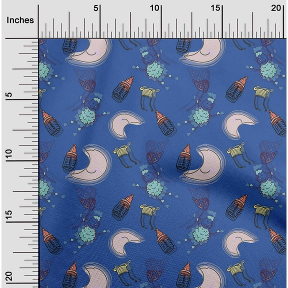 oneOone Cotton Jersey Medium Blue Fabric Baby Feeder|Moon & Cartoon Sheep Kids Fabric For Sewing Printed Craft Fabric By The Yard 58 Inch Wide