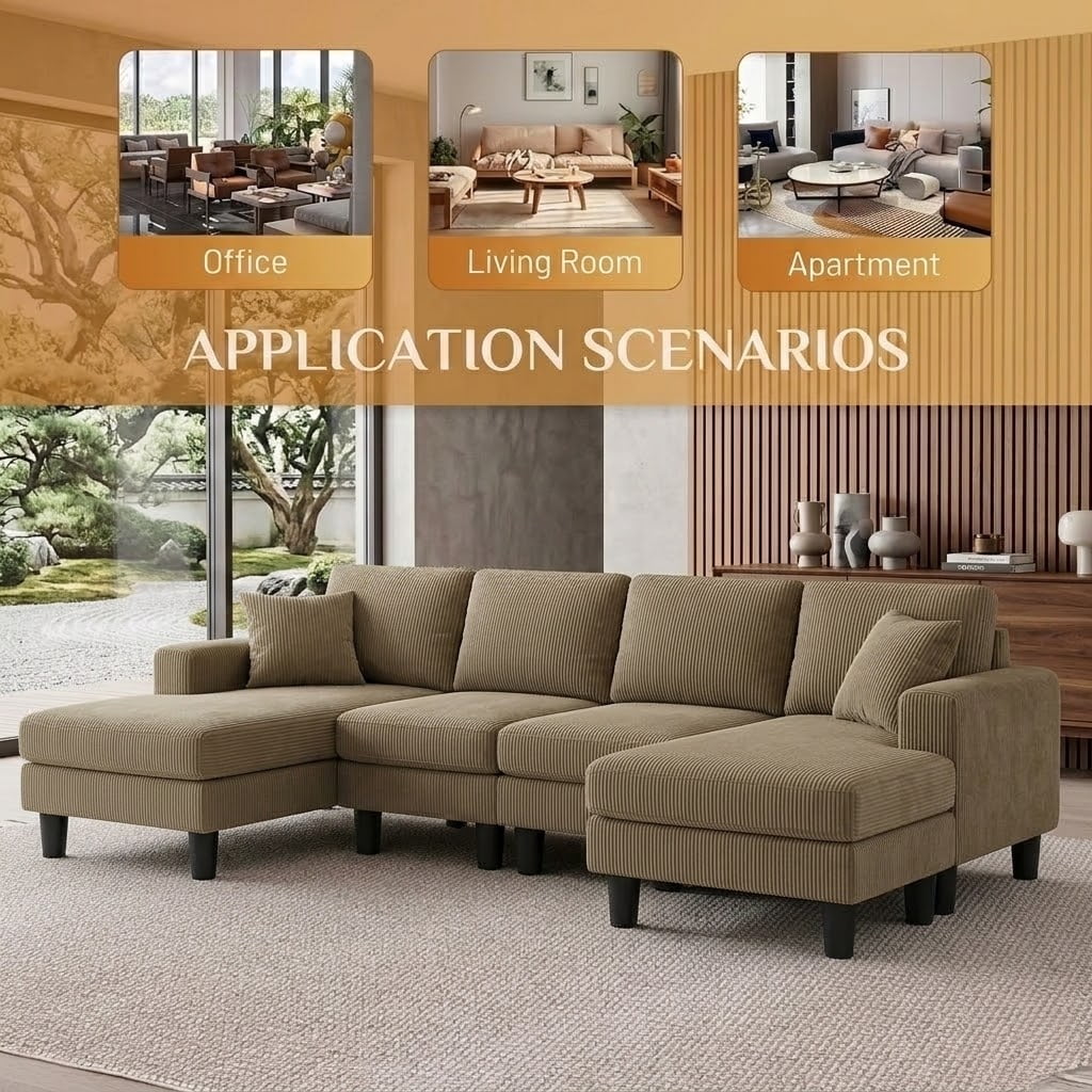 Howcool 106" Cloud Sectional Sofa with Extra Deep Seat,U Shaped Sectional Couches for Living Room,4 Seater Corduroy Sofas & Couches,Modern Apartment Couch with Double Chaise Lounge,Camel