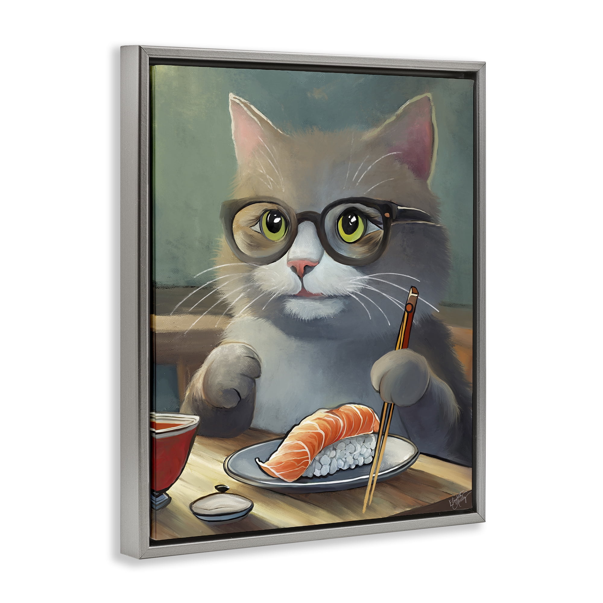 Stupell Industries Cat Eating Sushi Food & Beverage Painting Gray Floater Framed Canvas Art Print Wall Art, 17 x 21