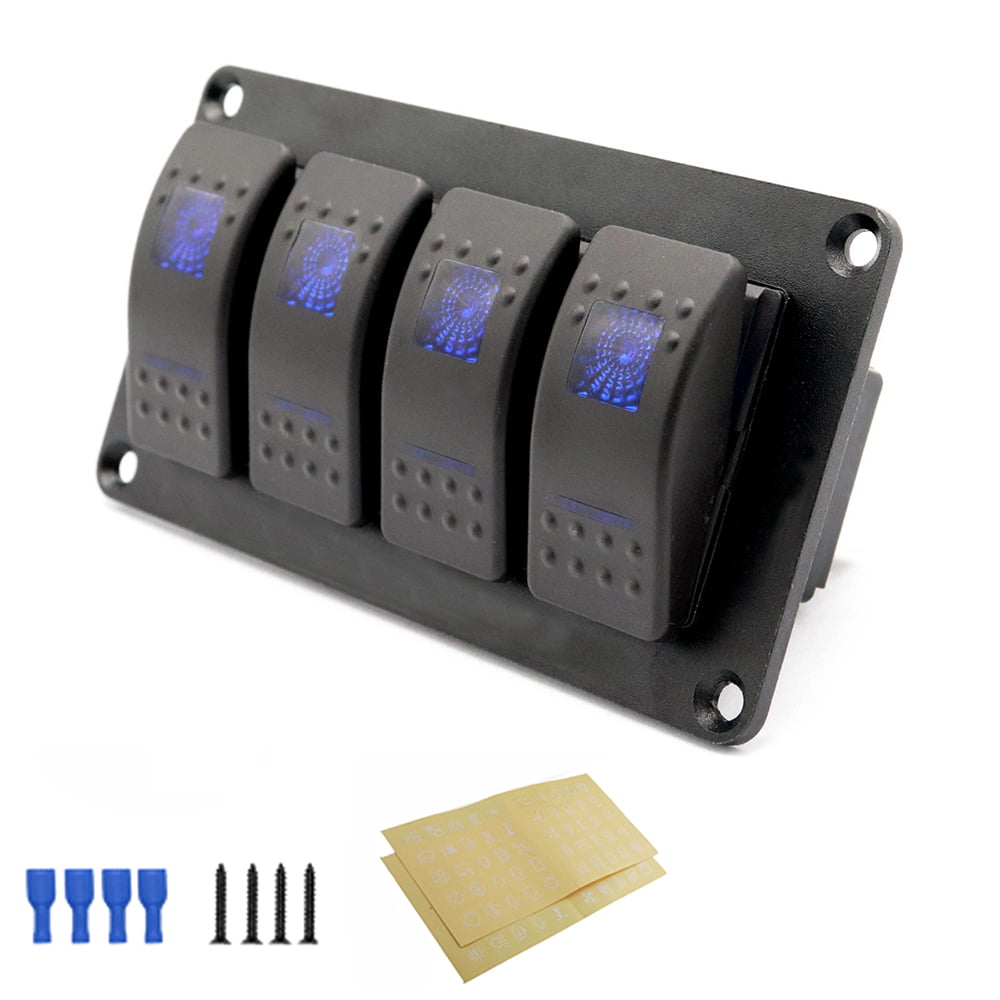 Rocker Switch Aluminum Panel 4 Gang Toggle Switches Dash 5 Pin On/Off Blue LED Light for Car Boat Truck 