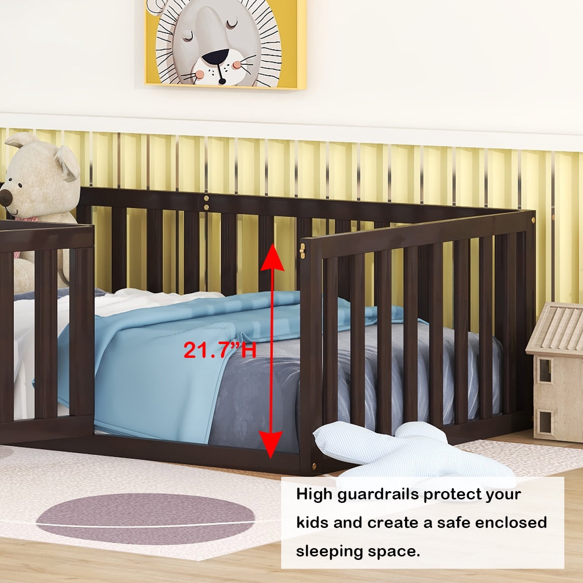 Bellemave Twin Size Floor Bed with Fence and Door, Wood Montessori Bed Frame, Floor Bed Frame, Slats Not Included (Twin,Walnut)