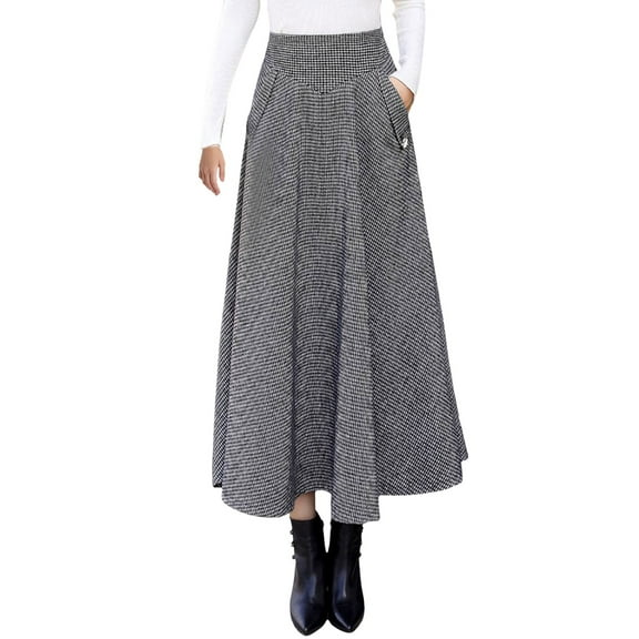Fgnfyis Womens Fall Winter High Waist Plaid Slim A-line Long Skirt Wool Skirt Midi Length Pleated Black XL